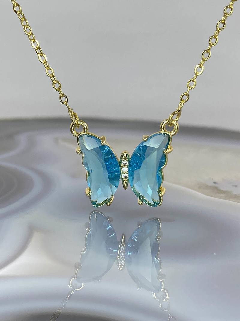 Blue Crystal Butterfly Pendant With Chain for Women and Girls