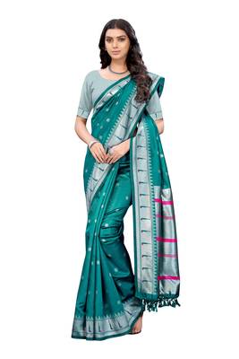 Sky blue woven silk saree with blouse 2