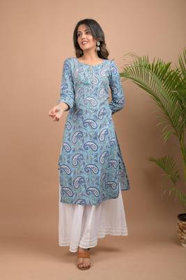 Blue Paisley Printed Cotton Kurta Sharara Set 1