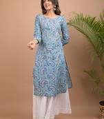 Blue Paisley Printed Cotton Kurta Sharara Set