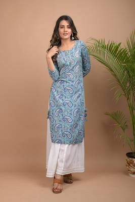 Blue Paisley Printed Cotton Kurta Sharara Set 2