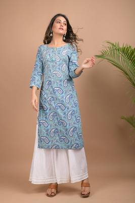 Blue Paisley Printed Cotton Kurta Sharara Set 3