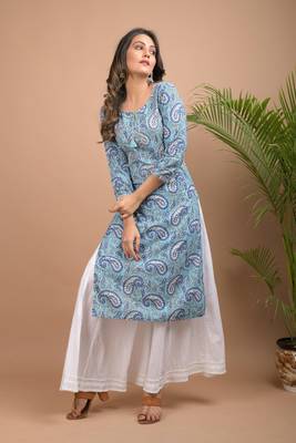 Blue Paisley Printed Cotton Kurta Sharara Set 4