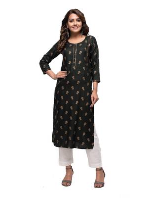 Bottle Green Gold Printed Cotton Kurta 1