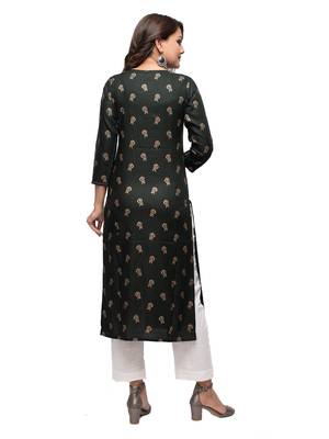 Bottle Green Gold Printed Cotton Kurta 2