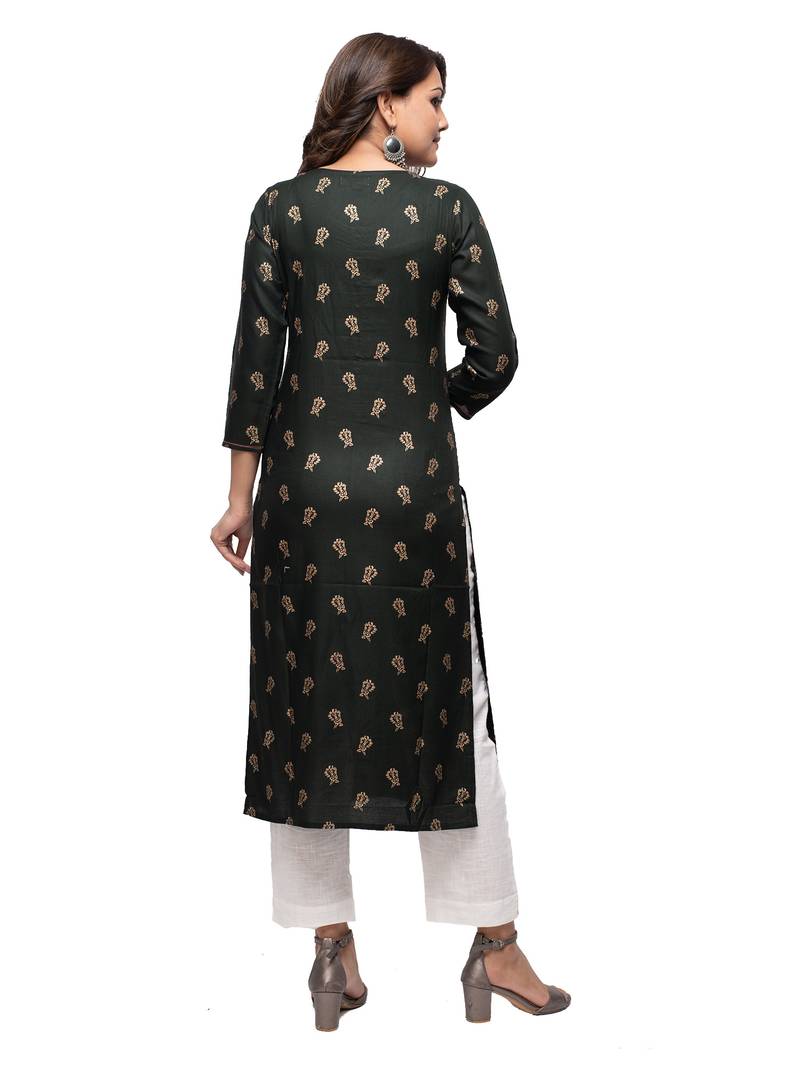 Bottle Green Gold Printed Cotton Kurta