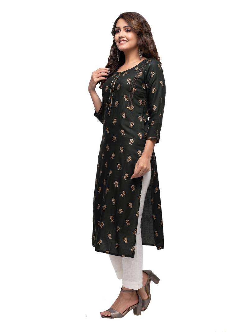 Bottle Green Gold Printed Cotton Kurta