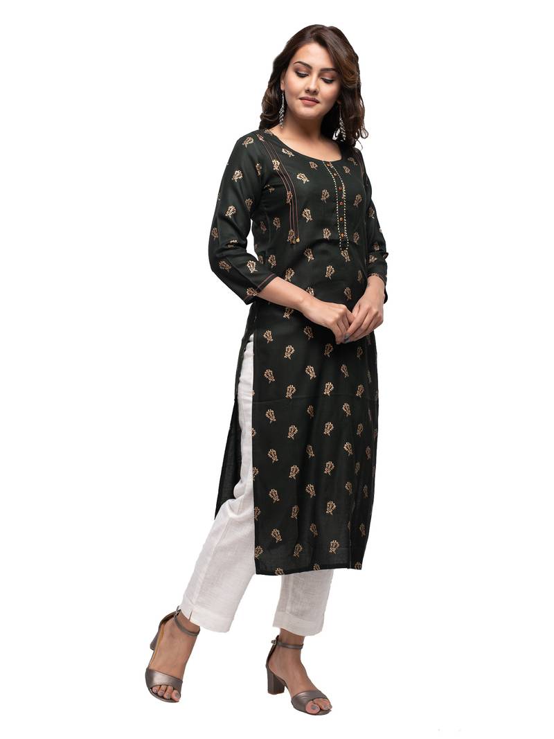 Bottle Green Gold Printed Cotton Kurta