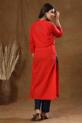 Red Printed Cotton Jacket Kurta Pant Set 2