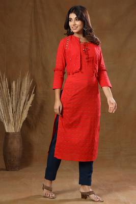 Red Printed Cotton Jacket Kurta Pant Set 3