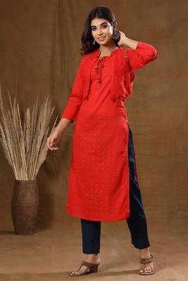 Red Printed Cotton Jacket Kurta Pant Set 4