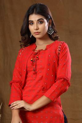 Red Printed Cotton Jacket Kurta Pant Set 5