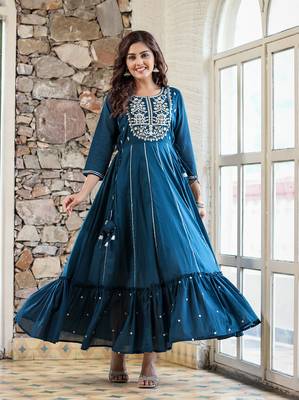 Blue Embellished Cotton Anarkali Kurta 1