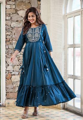 Blue Embellished Cotton Anarkali Kurta 3