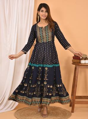 Blue Green Gold Printed Cotton Anarkali Kurta 1