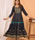 Blue Green Gold Printed Cotton Anarkali Kurta