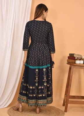 Blue Green Gold Printed Cotton Anarkali Kurta 2