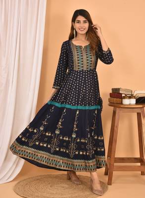Blue Green Gold Printed Cotton Anarkali Kurta 3