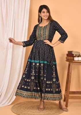 Blue Green Gold Printed Cotton Anarkali Kurta 4