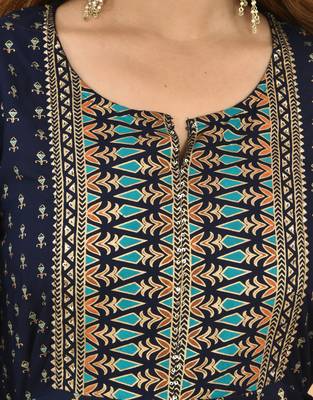 Blue Green Gold Printed Cotton Anarkali Kurta 5