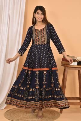 Blue Orange Gold Printed Cotton Anarkali Kurta 1