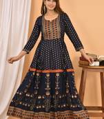 Blue Orange Gold Printed Cotton Anarkali Kurta