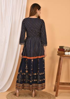 Blue Orange Gold Printed Cotton Anarkali Kurta 2