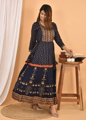 Blue Orange Gold Printed Cotton Anarkali Kurta 3