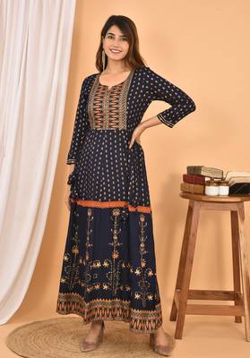 Blue Orange Gold Printed Cotton Anarkali Kurta 4