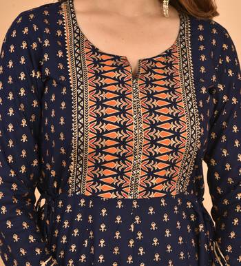 Blue Orange Gold Printed Cotton Anarkali Kurta 5