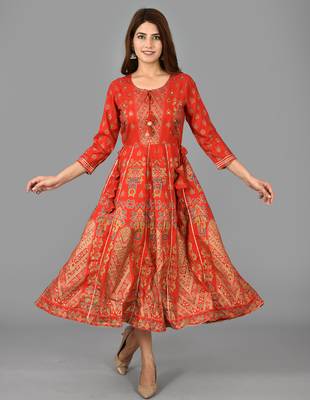 Red Gold Printed Rayon Anarkali Kurta 1