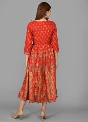 Red Gold Printed Rayon Anarkali Kurta 2