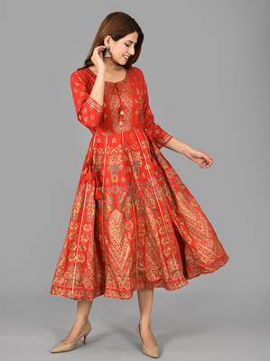 Red Gold Printed Rayon Anarkali Kurta 3