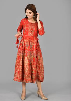 Red Gold Printed Rayon Anarkali Kurta 4