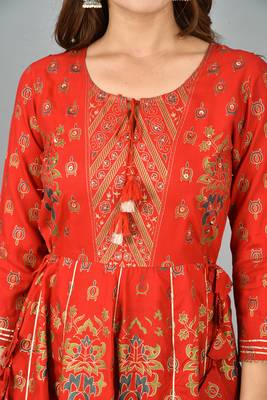 Red Gold Printed Rayon Anarkali Kurta 5