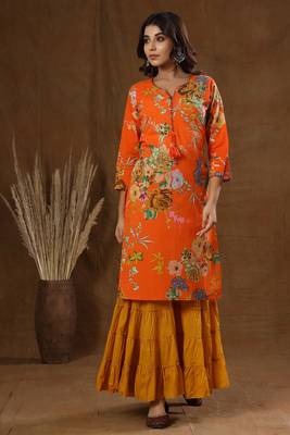 Red Printed Cotton Kurta Sharara Set 1