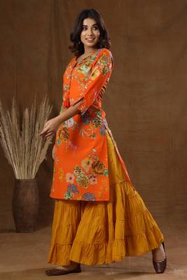 Red Printed Cotton Kurta Sharara Set 3