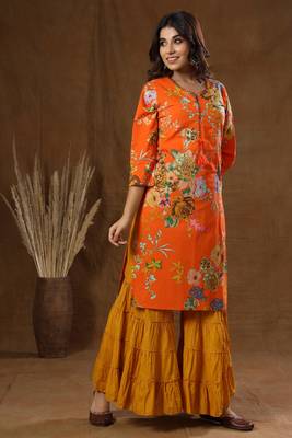 Red Printed Cotton Kurta Sharara Set 4