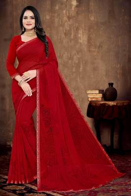 Red Georgette Flower Printed Designer Saree 1
