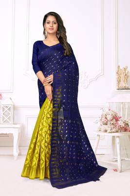 Women'S Navy Pure Cotton Dhakai Jamdani Saree 1