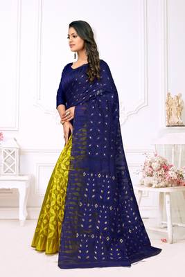 Women'S Navy Pure Cotton Dhakai Jamdani Saree 2