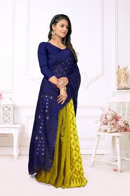 Women'S Navy Pure Cotton Dhakai Jamdani Saree 3