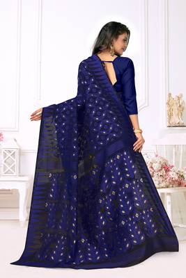 Women'S Navy Pure Cotton Dhakai Jamdani Saree 4