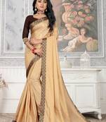 Women'S Beige Plain Lace Work Silk Blend Saree