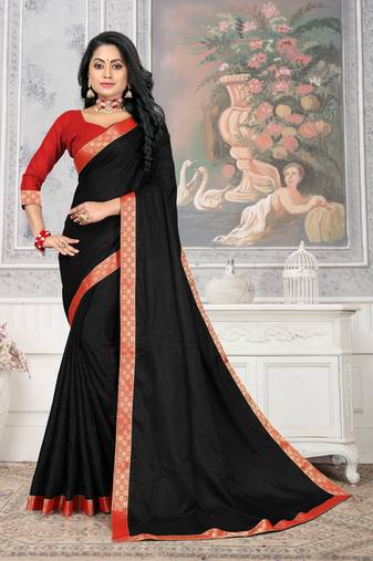 Women'S Black Plain Lace Work Silk Blend Saree