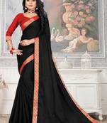 Women'S Black Plain Lace Work Silk Blend Saree