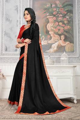 Women'S Black Plain Lace Work Silk Blend Saree 2