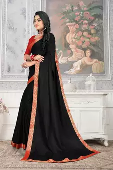 Women'S Black Plain Lace Work Silk Blend Saree
