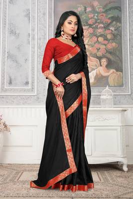 Women'S Black Plain Lace Work Silk Blend Saree 3