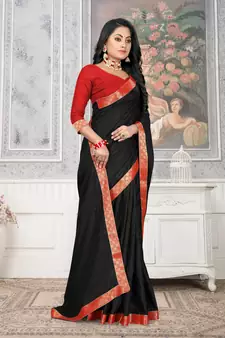 Women'S Black Plain Lace Work Silk Blend Saree